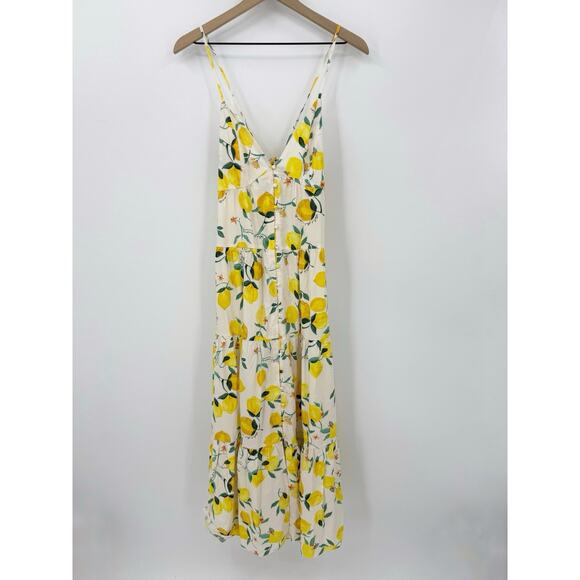 H&M Tiered Maxi Dress XS Womens Lemon Print Strappy Sundress Summer Resort Fruit - Picture 2 of 8